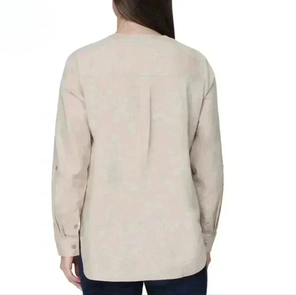 NWT Tahari Long Sleeved Linen Blouse Roll Sleeve Tan Large Popover Style Top - Picture 3 of 16